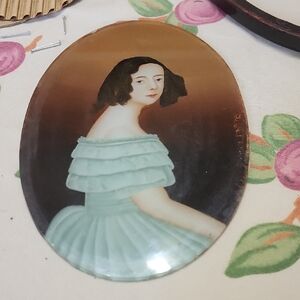 Vintage Painted On Glass  Portrait Of A Woman in Blue Dress